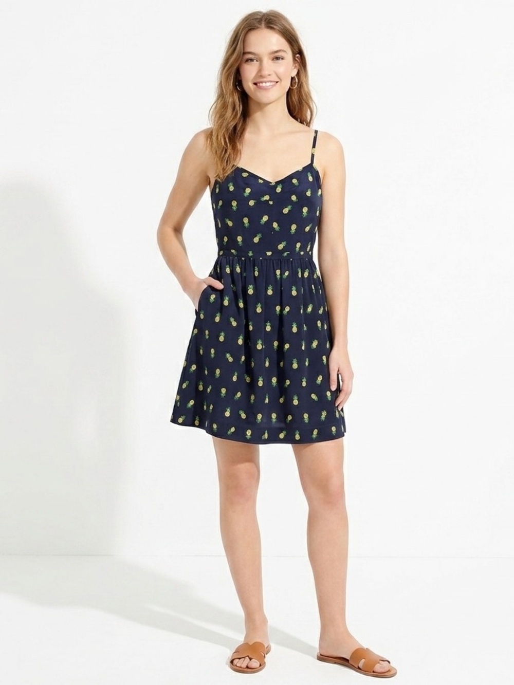 J. Crew Pineapple Print Mini Sundress Size 0 XS Navy Blue Yellow Pockets Lined